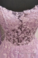 A Line Lavender Lace Long Semi Formal Prom Dresses, Lilac Lace Formal Dresses, Lavender Evening Dresses