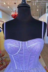 A-Line Lavender Shiny Tulle Prom Dress, Long Spaghetti Strap Evening Dress