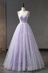 A Line Lilac Tulle Long Semi Formal Prom Dresses, Lilac Long Formal Evening Dresses