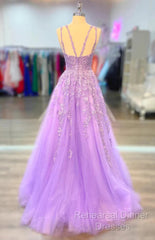A-Line Lilac Tulle  Semi Formal Prom Dresses Violet V-Neck Formal Evening Dresses Uk