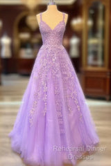 A-Line Lilac Tulle  Semi Formal Prom Dresses Violet V-Neck Formal Evening Dresses Uk