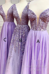 A-Line Long Lace Purple Semi Formal Prom Dress V-Neck Lilac Party Dresses