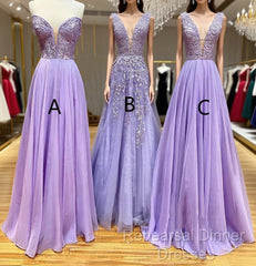 A-Line Long Lace Purple Semi Formal Prom Dress V-Neck Lilac Party Dresses