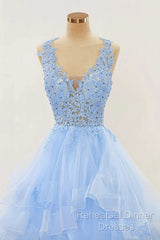 A-Line Long Layers Lace Semi Formal Prom Dresses Light Blue Beaded Appliques