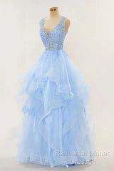 A-Line Long Layers Lace Semi Formal Prom Dresses Light Blue Beaded Appliques