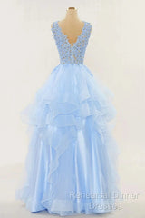 A-Line Long Layers Lace Semi Formal Prom Dresses Light Blue Beaded Appliques