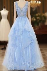 A-Line Long Layers Lace Semi Formal Prom Dresses Light Blue Beaded Appliques