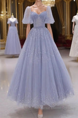 A-Line Long sleeves Beading Gray Blue Long Semi Formal Prom Dresses, Gray Blue Formal Dresses