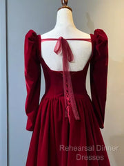 A Line Long Sleeves Red Velvet Semi Formal Prom Dresses