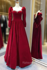 A Line Long Sleeves Red Velvet Semi Formal Prom Dresses