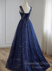 A-Line Navy Blue Tulle Beaded V-Neckline Party Dress, Navy Blue Shiny Tulle Semi Formal Prom Dress