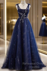 A-Line Navy Blue Tulle Beaded V-Neckline Party Dress, Navy Blue Shiny Tulle Semi Formal Prom Dress