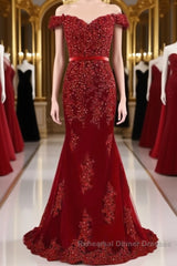 A Line Off Shoulder Burgundy Lace Semi Formal Prom Dresses, Burgundy Lace Formal Dresses, Bridesmaid Dresses