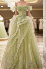 A-Line Off Shoulder Green Lace Long Semi Formal Prom Dresses, Green Formal Dresses