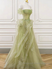 A-Line Off Shoulder Green Lace Long Semi Formal Prom Dresses, Green Formal Dresses