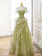 A-Line Off Shoulder Green Lace Long Semi Formal Prom Dresses, Green Formal Dresses