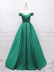 A-Line Off Shoulder Green Satin Long Prom Dresses, Green Evening Dresses