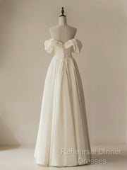 A-Line Off Shoulder Ivory Satin Long Semi Formal Prom Dress, Ivory Long Formal Dress