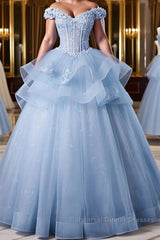A-Line Off Shoulder Lace Tulle Blue Long Semi Formal Prom Dresses, Blue Sweet 16 Dresses