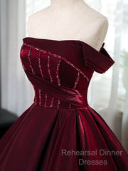 A-Line Off Shoulder Satin Burgundy Long Semi Formal Prom Dress, Burgundy Evening Dress With Beads