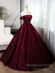A-Line Off Shoulder Satin Burgundy Long Semi Formal Prom Dress, Burgundy Evening Dress With Beads