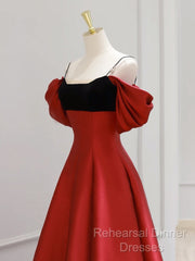 A-Line Off Shoulder Satin Dark Red Long Semi Formal Prom Dress, Red Long Formal Dress
