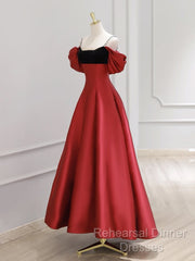 A-Line Off Shoulder Satin Dark Red Long Semi Formal Prom Dress, Red Long Formal Dress