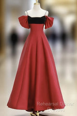 A-Line Off Shoulder Satin Dark Red Long Semi Formal Prom Dress, Red Long Formal Dress