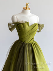 A-Line Off Shoulder Satin Green Long Semi Formal Prom Dress, Green Formal Dress