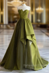 A-Line Off Shoulder Satin Green Long Semi Formal Prom Dress, Green Formal Dress