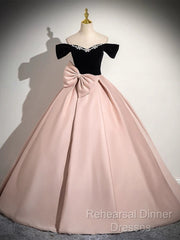A-Line Off Shoulder Satin Pink Long Semi Formal Prom Dress, Pink Long Formal Dress
