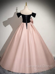 A-Line Off Shoulder Satin Pink Long Semi Formal Prom Dress, Pink Long Formal Dress