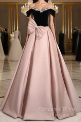 A-Line Off Shoulder Satin Pink Long Semi Formal Prom Dress, Pink Long Formal Dress