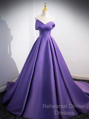 A-Line Off Shoulder Satin Purple Long Semi Formal Prom Dress, Purple Long Evening Dress