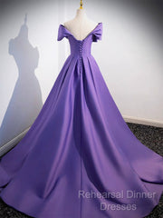A-Line Off Shoulder Satin Purple Long Semi Formal Prom Dress, Purple Long Evening Dress