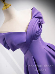 A-Line Off Shoulder Satin Purple Long Semi Formal Prom Dress, Purple Long Evening Dress