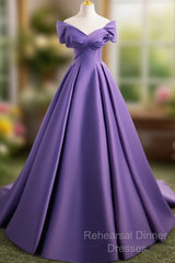 A-Line Off Shoulder Satin Purple Long Semi Formal Prom Dress, Purple Long Evening Dress