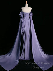 A-Line Off Shoulder Satin Purple Long Semi Formal Prom Dress, Purple Long Formal Dress