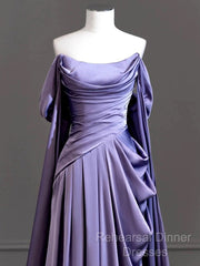 A-Line Off Shoulder Satin Purple Long Semi Formal Prom Dress, Purple Long Formal Dress