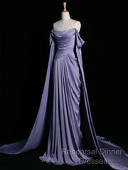 A-Line Off Shoulder Satin Purple Long Semi Formal Prom Dress, Purple Long Formal Dress