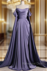 A-Line Off Shoulder Satin Purple Long Semi Formal Prom Dress, Purple Long Formal Dress