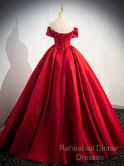 A-Line Off Shoulder Satin Red Ballgown Long Semi Formal Prom Dress Evening Dress Floor Length