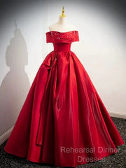 A-Line Off Shoulder Satin Red Ballgown Long Semi Formal Prom Dress Evening Dress Floor Length