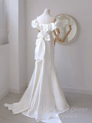 A-Line Off Shoulder Satin White Long Semi Formal Prom Dress, White Long Party Dress