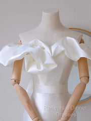 A-Line Off Shoulder Satin White Long Semi Formal Prom Dress, White Long Party Dress