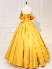 A-Line Off Shoulder Satin Yellow Long Semi Formal Prom Dress, Yellow Long Formal Dress