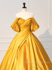 A-Line Off Shoulder Satin Yellow Long Semi Formal Prom Dress, Yellow Long Formal Dress