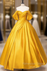 A-Line Off Shoulder Satin Yellow Long Semi Formal Prom Dress, Yellow Long Formal Dress