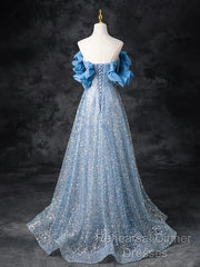 A-Line Off Shoulder Sequin Beads Blue Long Semi Formal Prom Dress Sparkly Evening Dress
