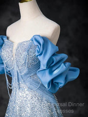 A-Line Off Shoulder Sequin Beads Blue Long Semi Formal Prom Dress Sparkly Evening Dress